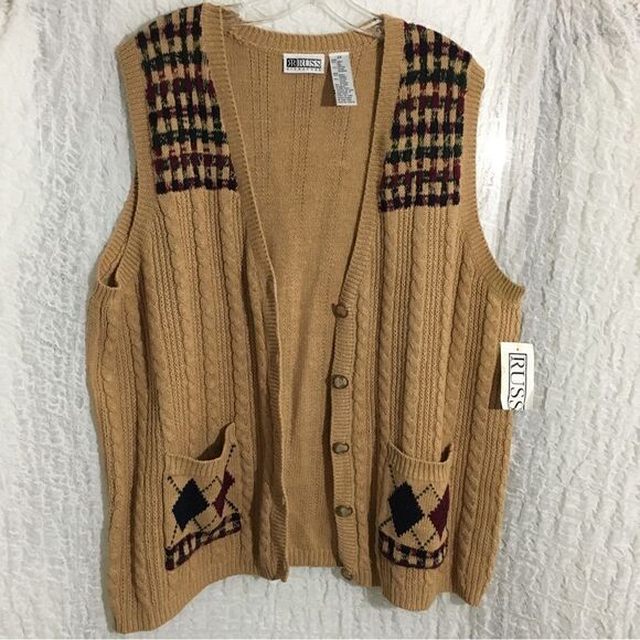 Russ Signature Vtg Brown Knit Vest 2X - Picture 5 of 13